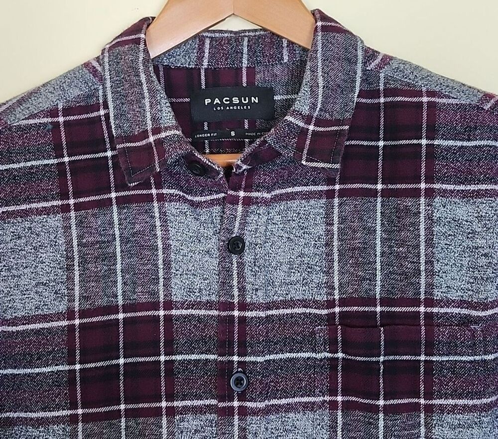 PacSun Gray, Maroon & Black Plaid Longer Fit Long Sleeve Flannel Shirt, Size XL